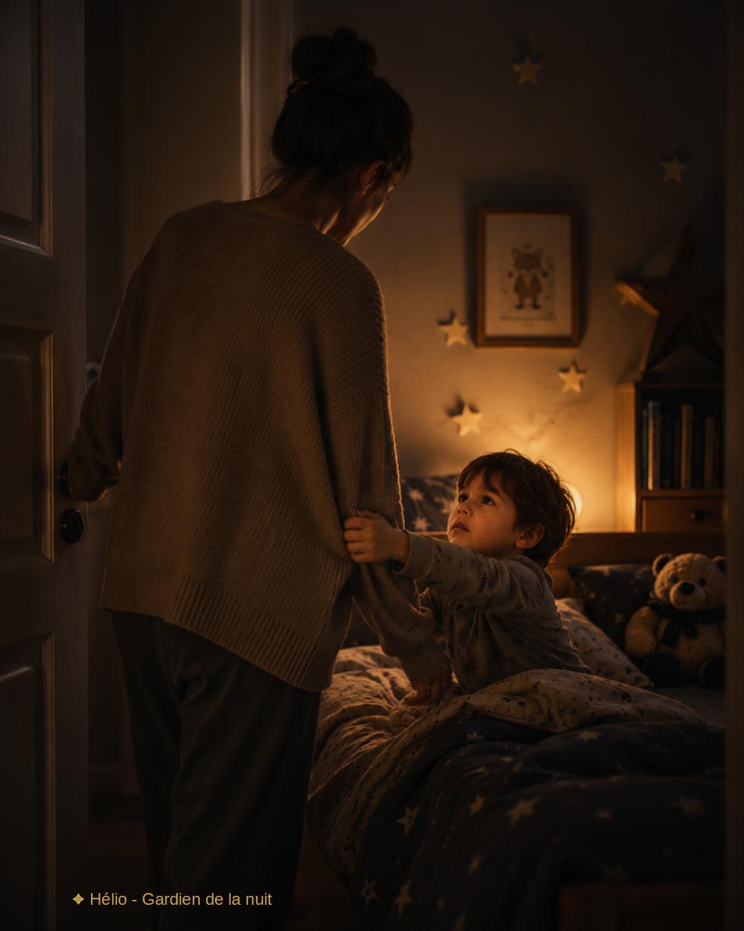 Parent regardant une lumière douce dans une maison calme après le coucher