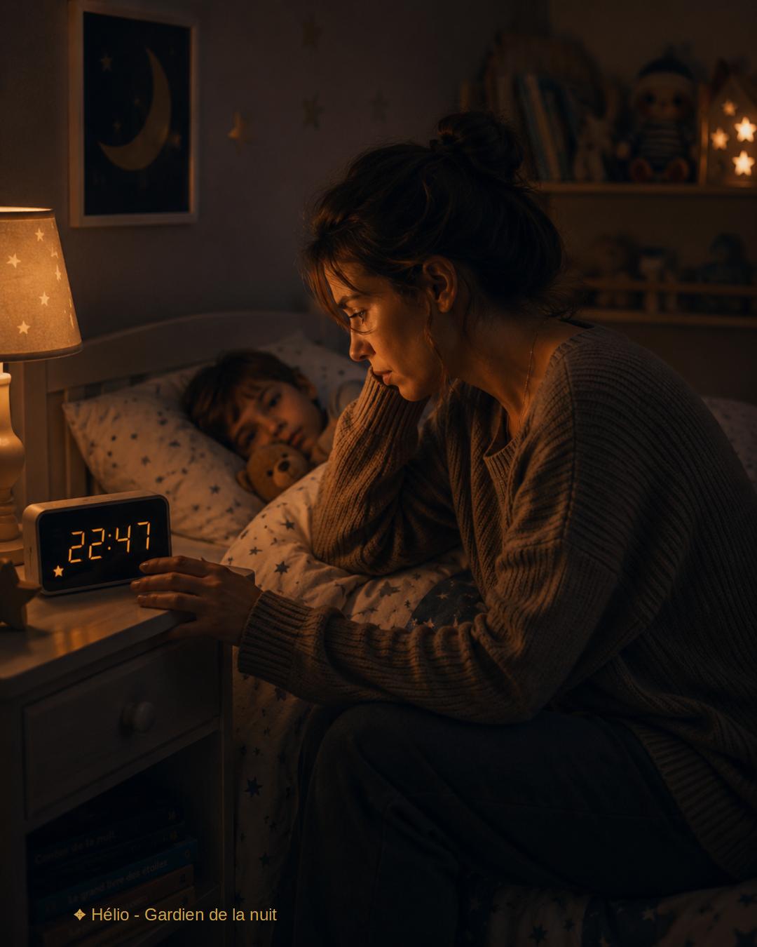 Parent seul dans un salon calme après un coucher difficile