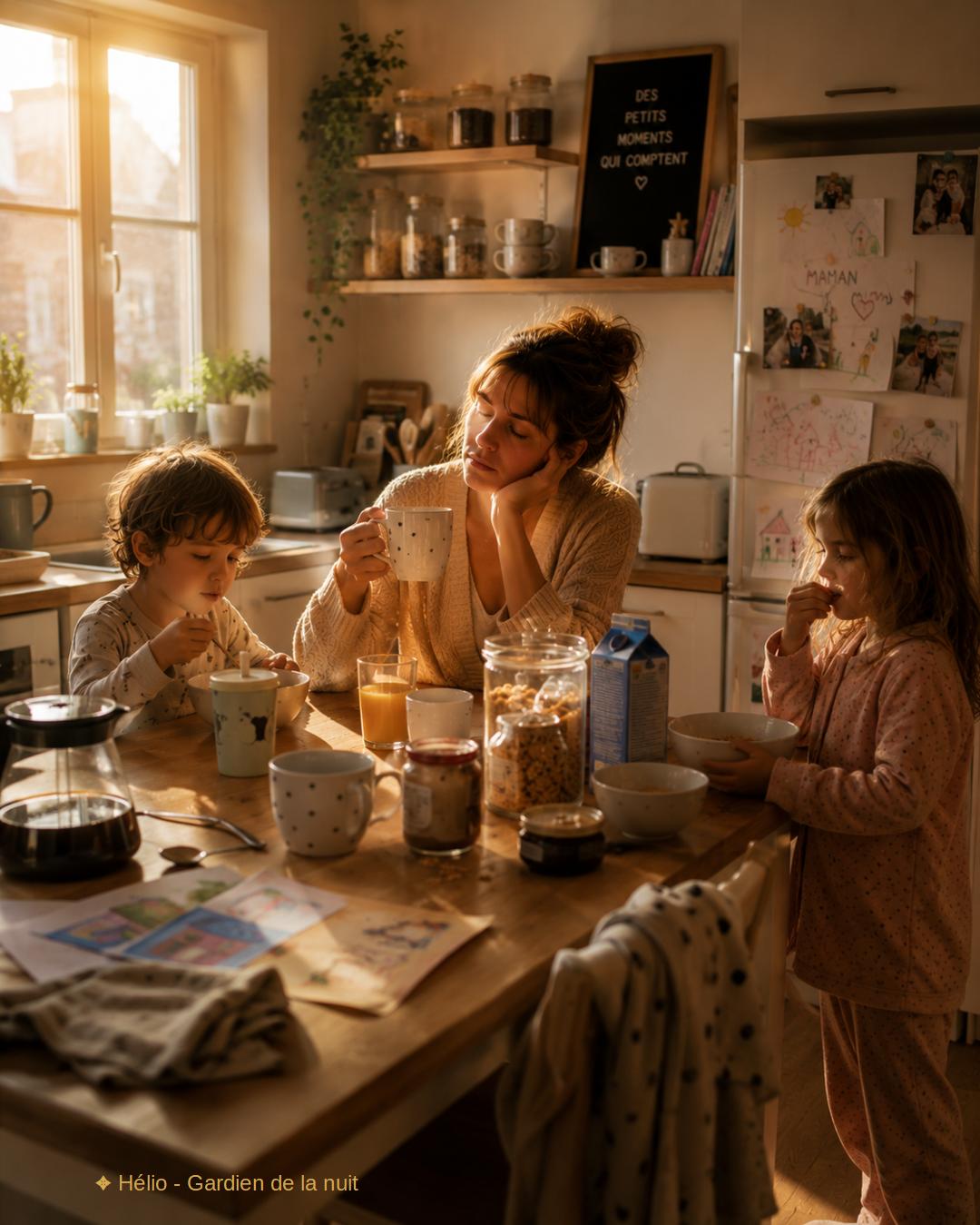 Maman fatiguée au petit-déjeuner après plusieurs soirées difficiles