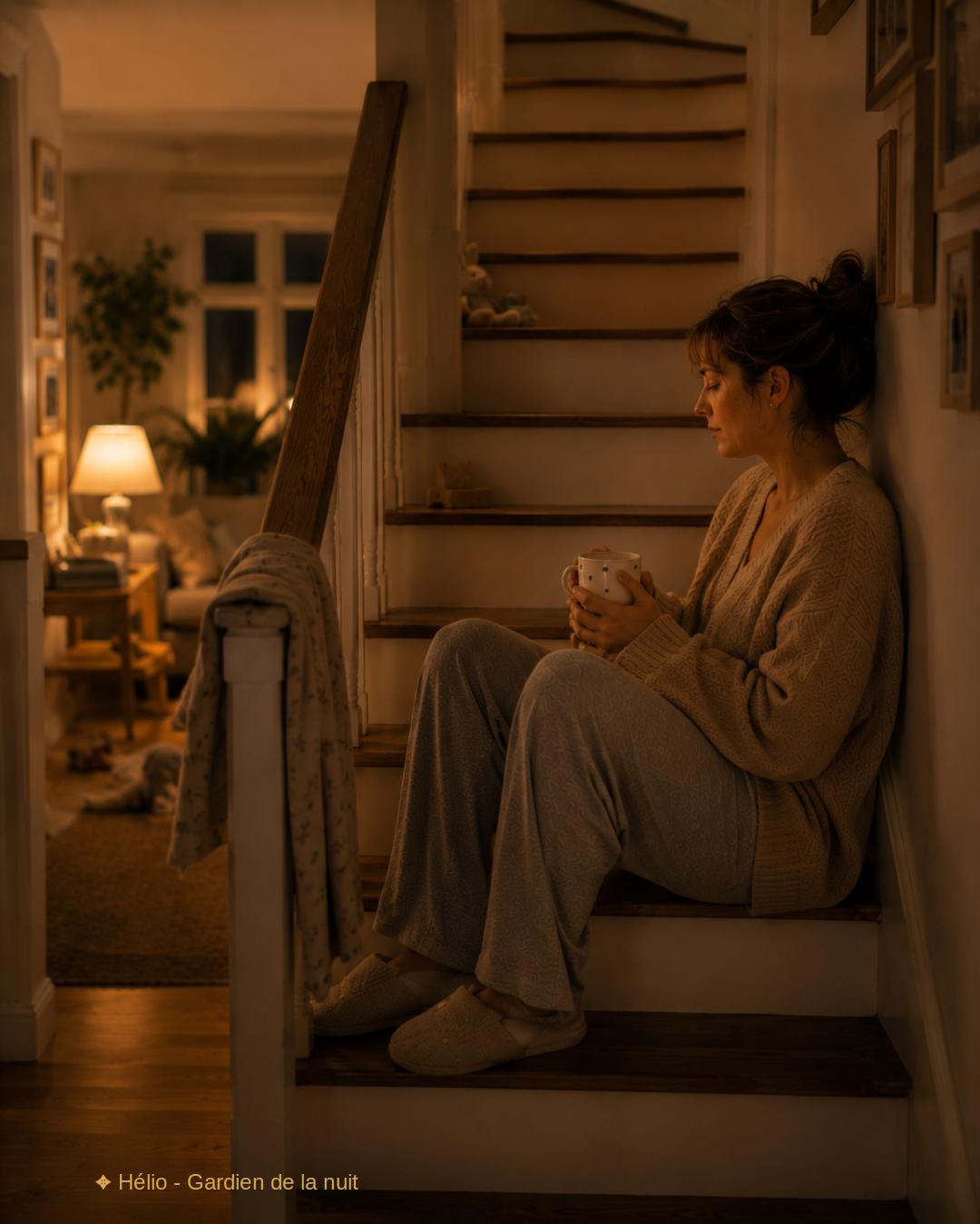Maman assise dans un escalier le soir après un coucher difficile