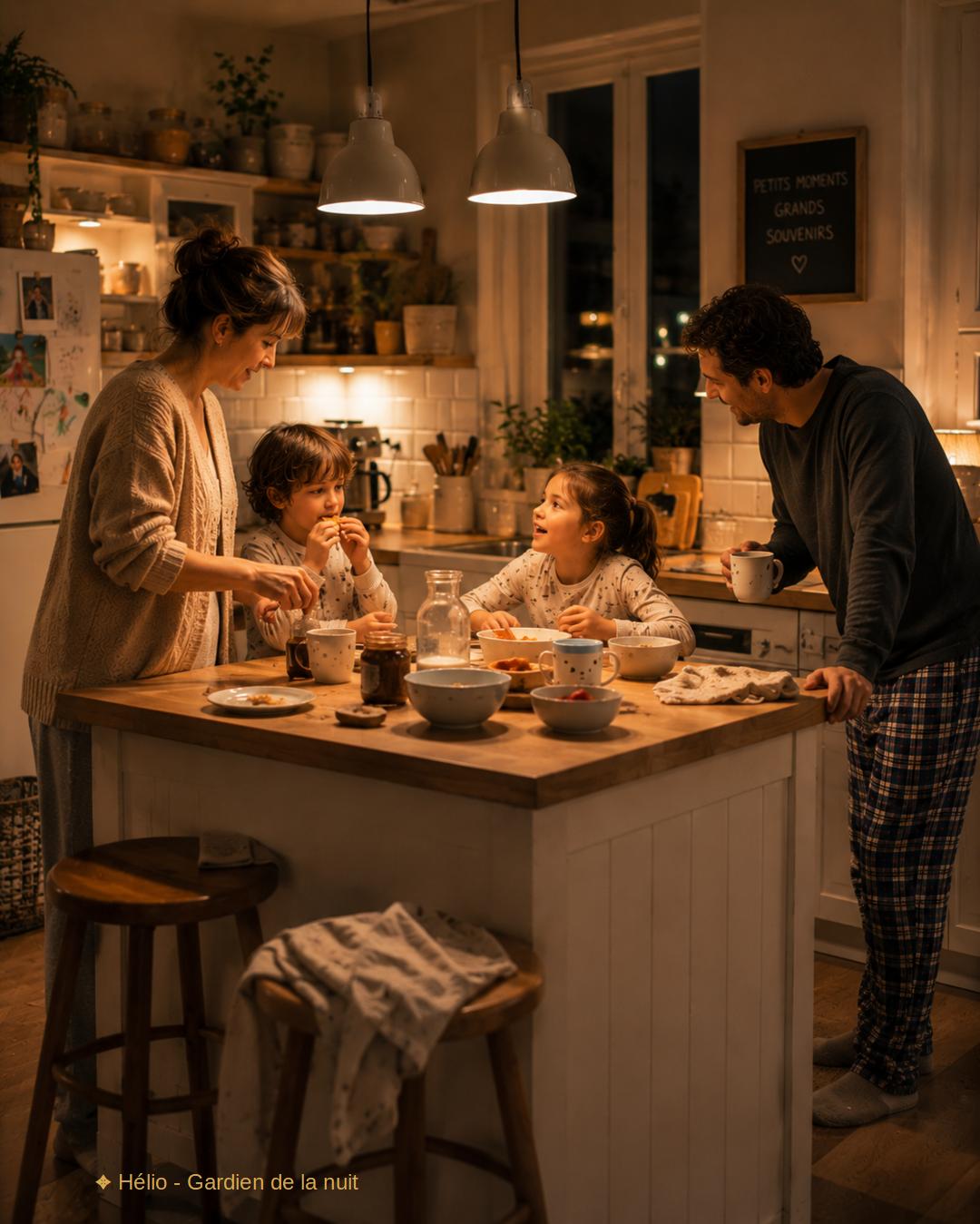 Cuisine familiale calme et lumière douce après le coucher des enfants