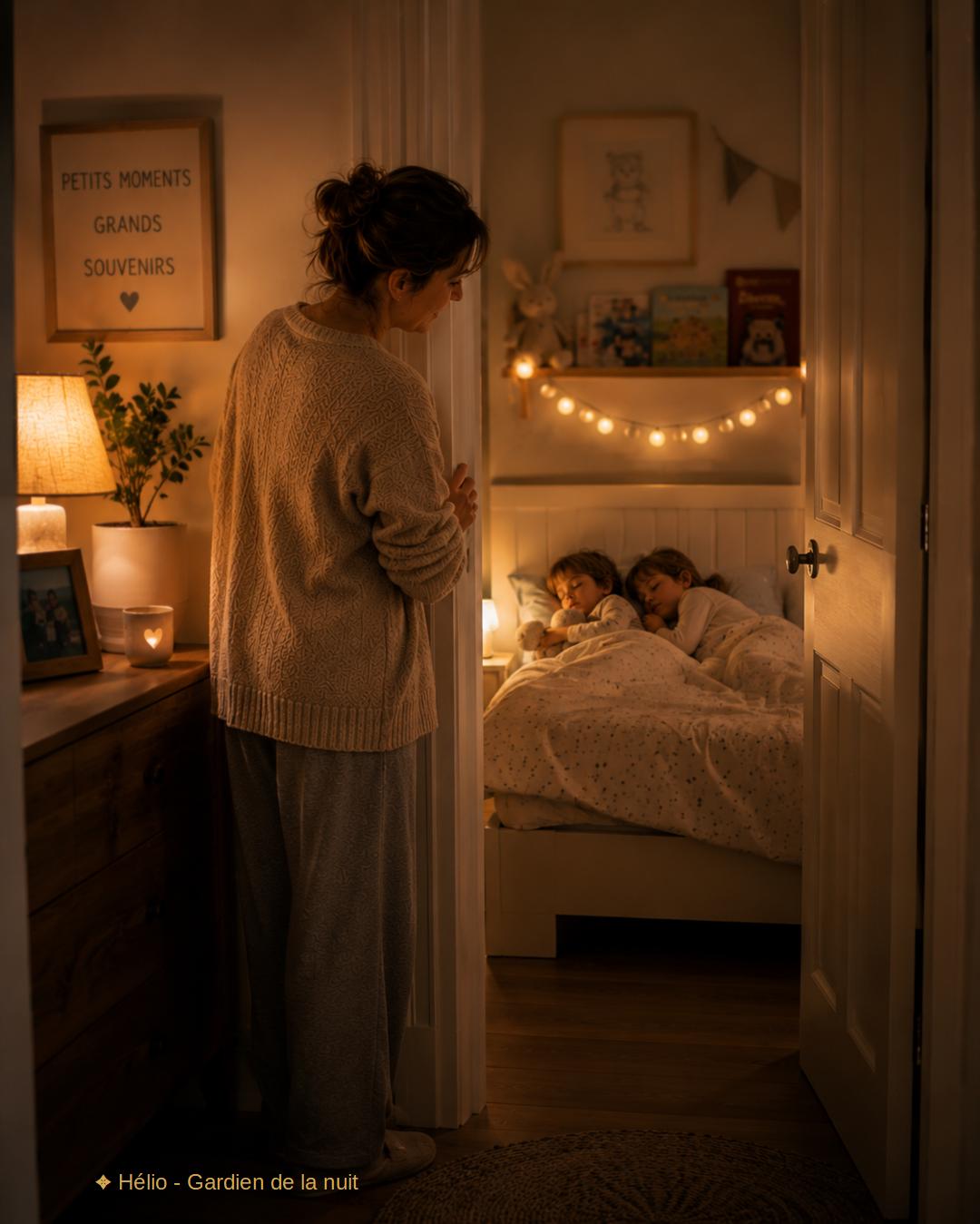 Parent regardant ses enfants dormir paisiblement après un coucher plus calme