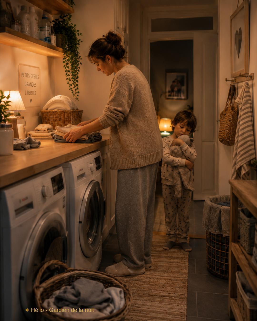 Parent fatigué faisant encore des tâches domestiques après le coucher des enfants