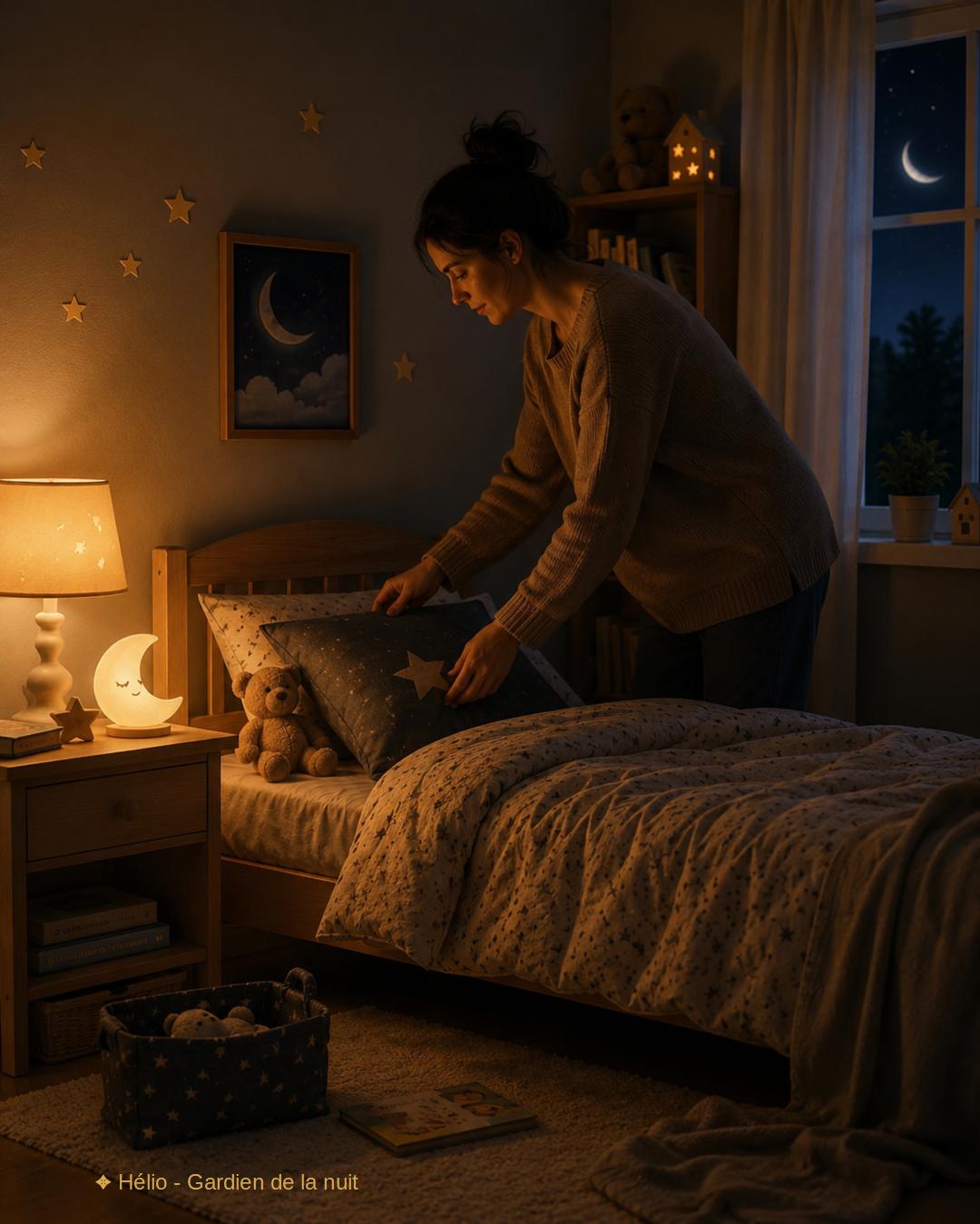 Parent préparant calmement la chambre avant le coucher d’un enfant