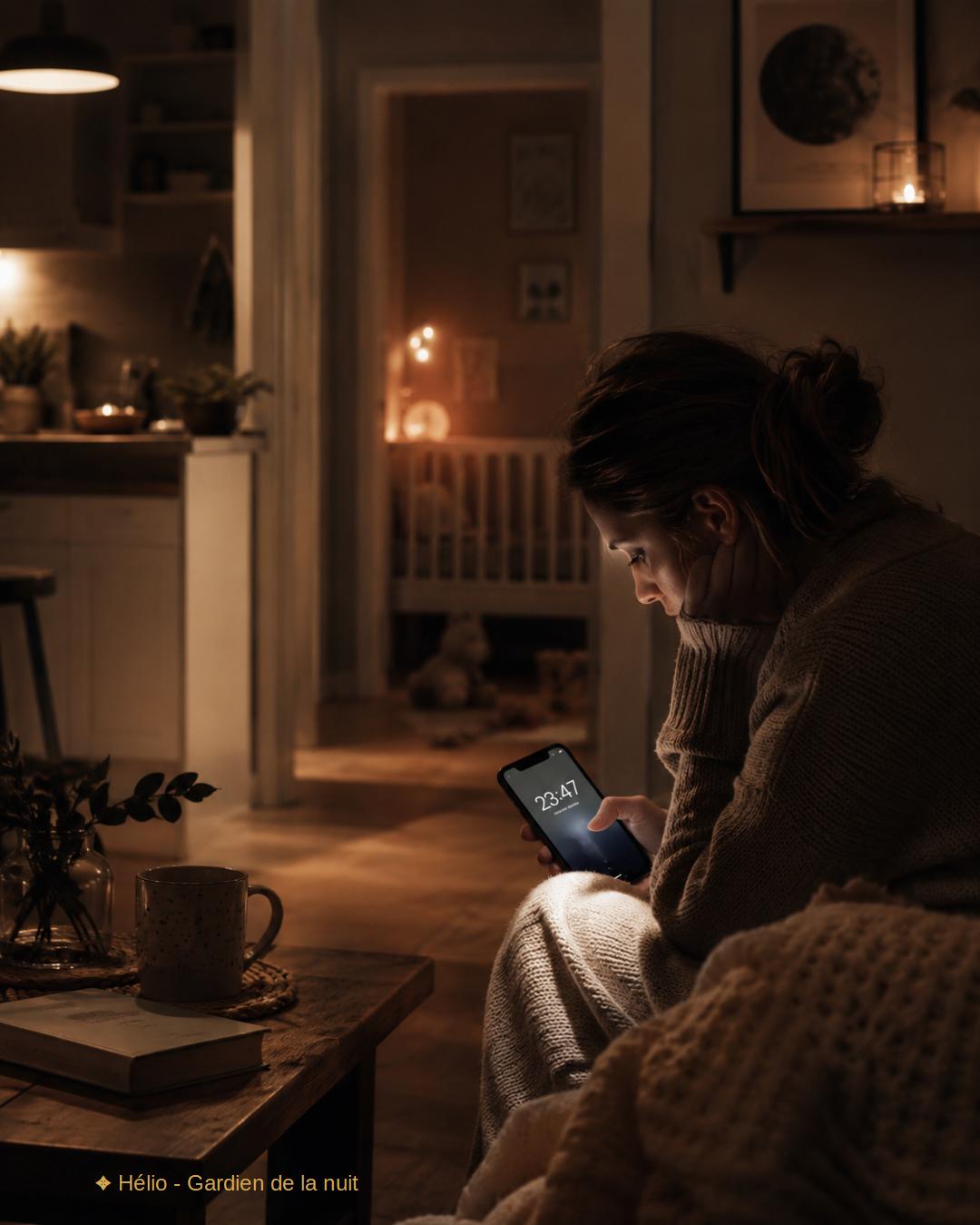 Parent regardant son téléphone tard le soir dans une maison silencieuse