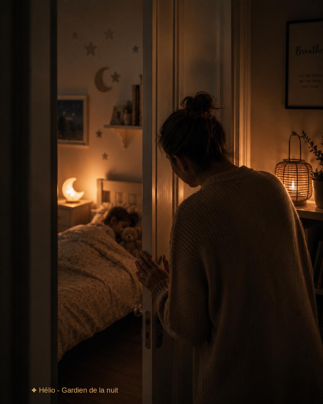 Maman regardant doucement son enfant dormir depuis la porte entrouverte après une nuit agitée