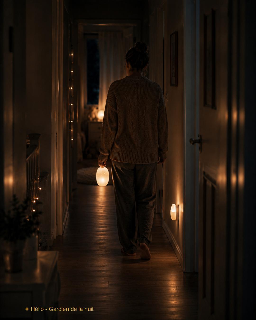 Parent marchant doucement dans le couloir avec une veilleuse pendant la nuit