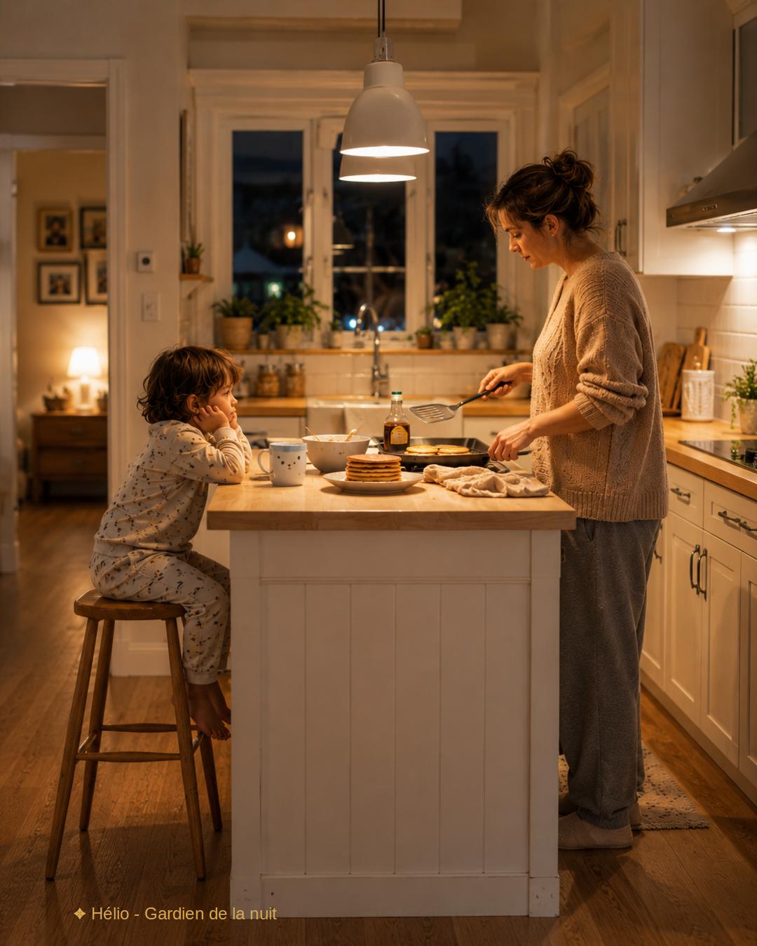 Moment calme dans une cuisine familiale en soirée après le coucher