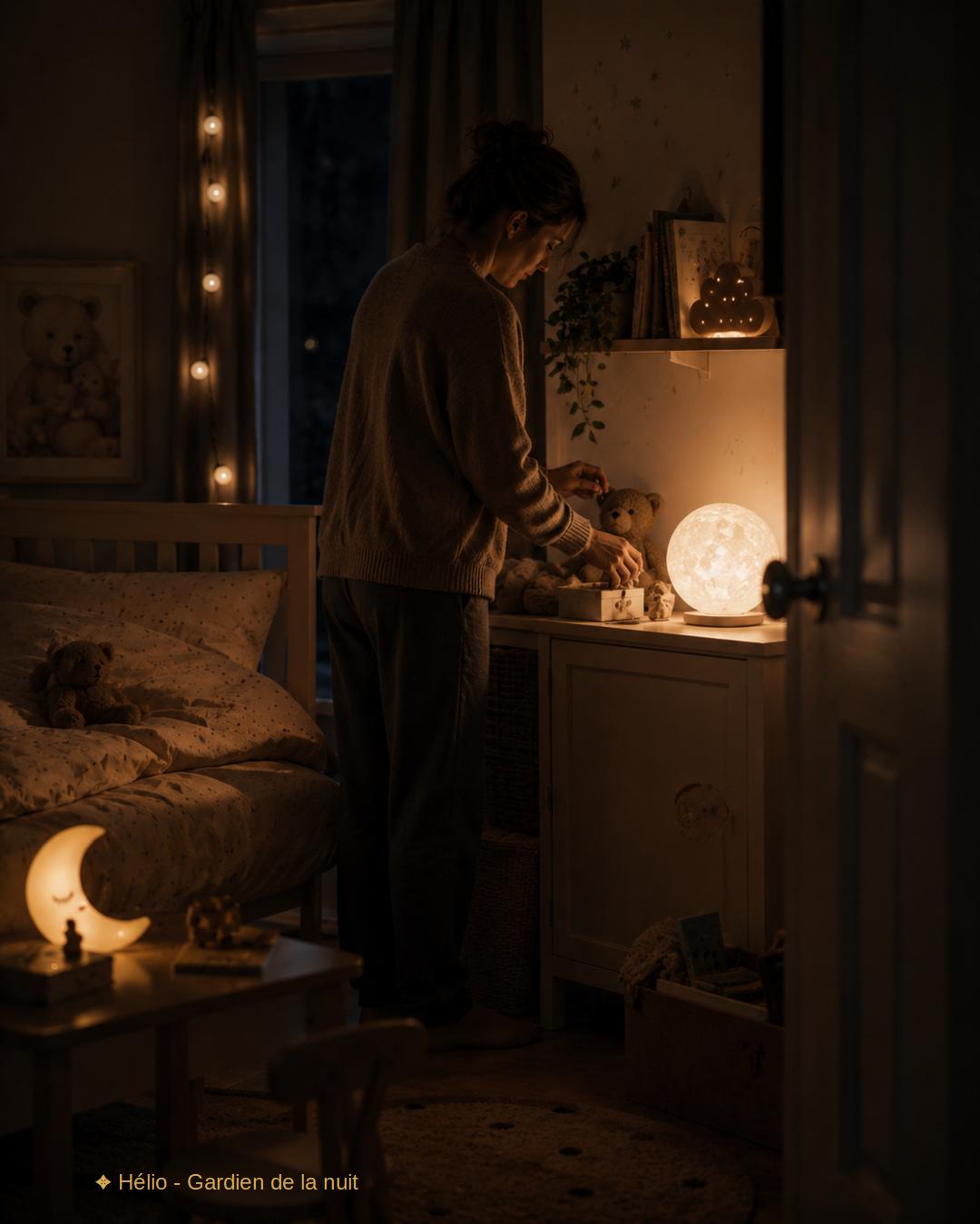 Parent retrouvant un lien apaisé avec son enfant après le coucher