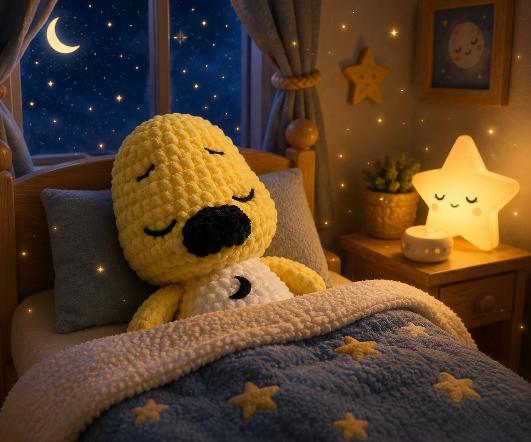 Hélio, sa petite lune sur le ventre, blotti dans une chambre douce et étoilée.